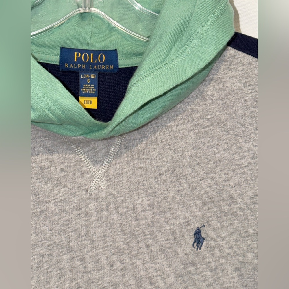 Polo Ralph Lauren Hoodie Colorblock Blue Gray Yellow Pullover Sweatshirt L 14 16 - Picture 5 of 13